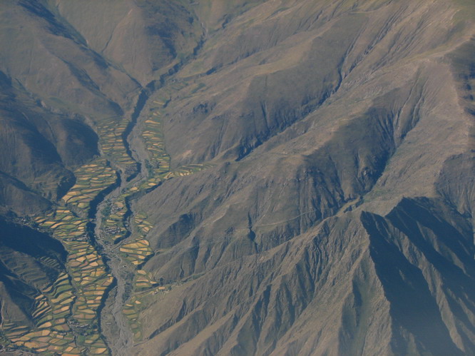 Views from the airplane, farm fields in central Tibet.